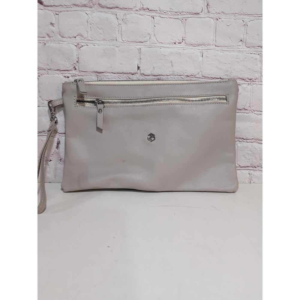 Valentina Taupe Smooth Leather Wristlet Purse Bag Italy Travel Pouch